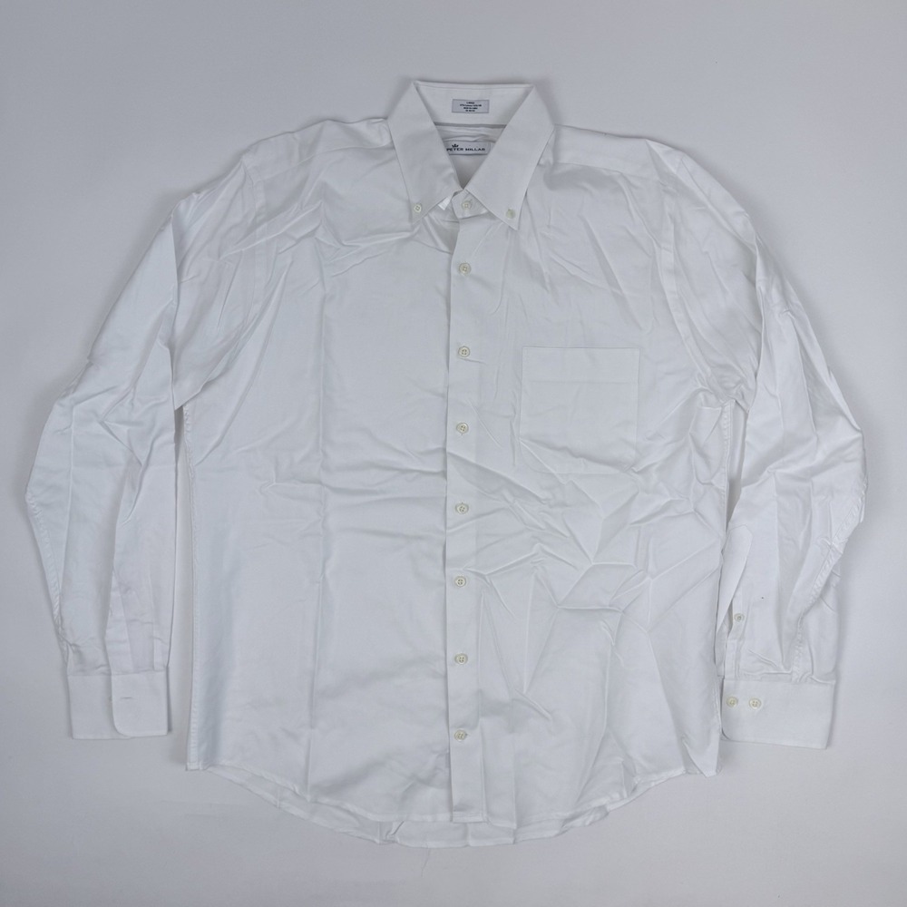 Mens Peter Millar White Cotton Silk Button-Up Classic Dress Shirt Size Large GUC